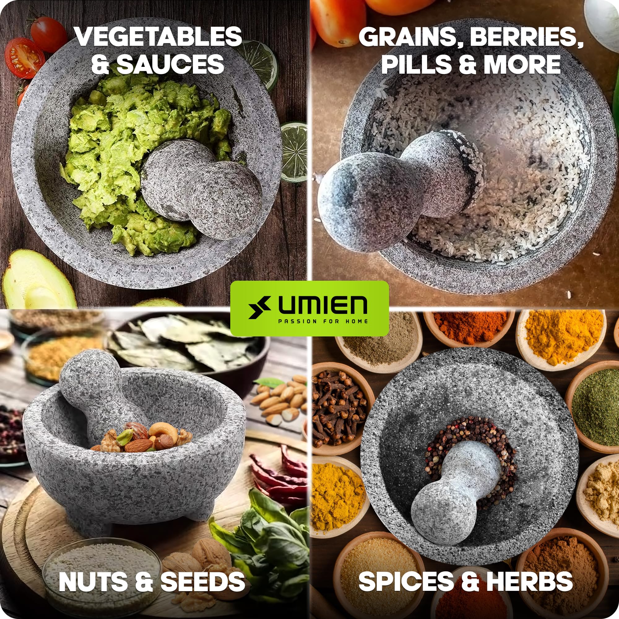 Umien Granite Mortar and Pestle Set 8-Inch (3.5-Cup), Molcajete, Grey