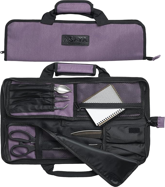 Asaya Chef Knife Roll Bag - 12-Pocket Chefs Case for Kitchen Knives and Utensils, Lightweight Stain-Resistant Waxed Nylon Chef Knife Bag - Knives Not Included (Purple)