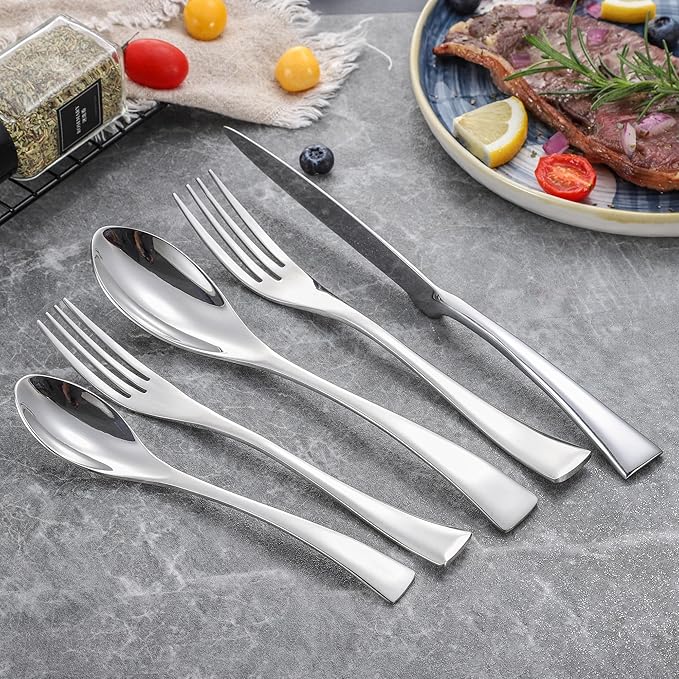 Lemeya 20 Pieces Silverware Set for 4,Heavy Duty 18/10 Stainless Steel Flatware Set with Forged Stand Knives,Modern Cutlery Utensil Set,Mirror Polished,Dishwasher Safe