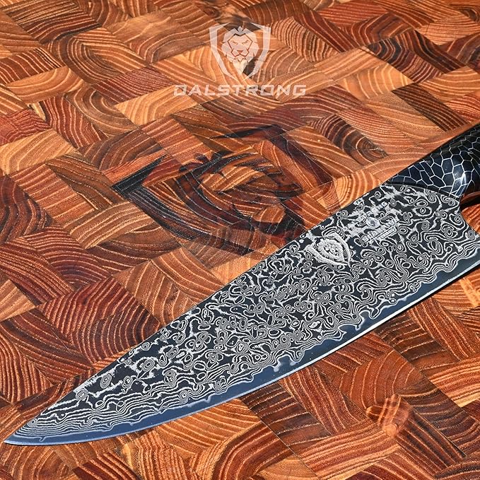 Dalstrong 8" Chef Knife — AUS-12V Steel, 66+ HRC Hardest Build — For Daily Precision Cooking & Dark Kitchen Builds — Black Damascus, Honeycomb Handle, Scorpion ELITE, customer support