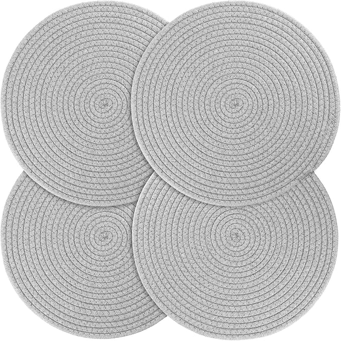 Billbotk Round Woven Placemats Set of 4, 13 Inches Table Place Mats for Dining Table, Hot Pads for Kitchen, Trivets for Hot Dishes, Pots and Pans,Tabletop Accessories(LightGray)