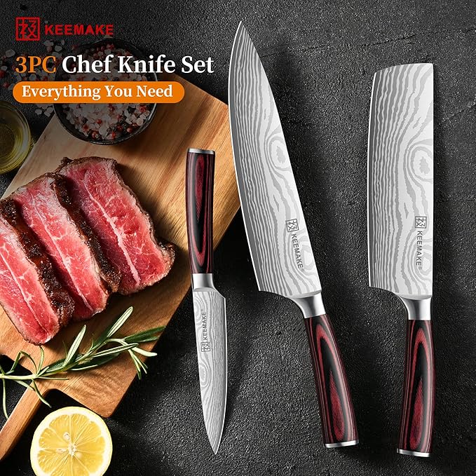 KEEMAKE 3 Pieces Kitchen Knife Set, Professional Ultra Sharp Chef Knife Set