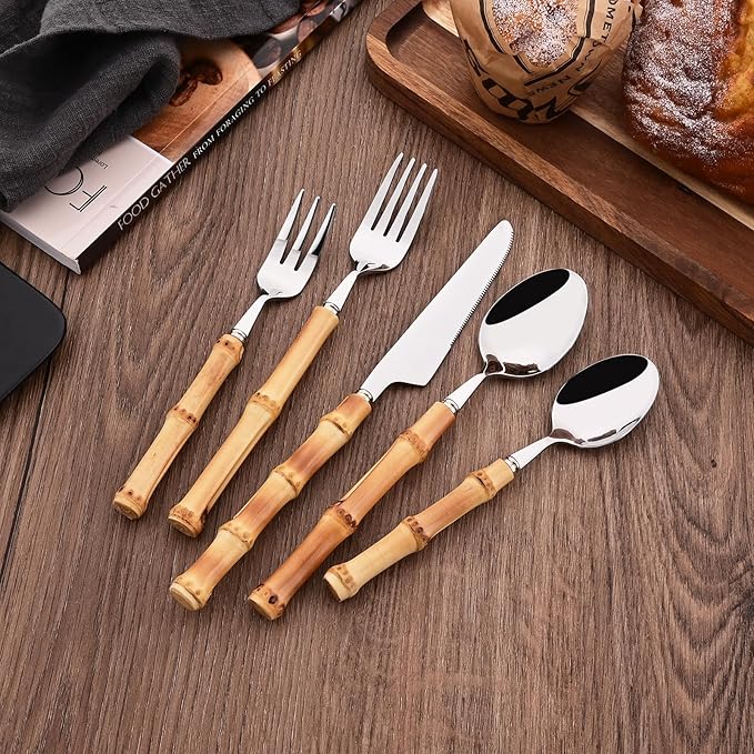 Uniturcky 30PCS Silverware Set for 6, Bamboo Handle Flatware Set, Stainless Steel Cutlery Set for Home Restaurant and Party, Bamboo Forks Spoons and Knives Set, Polished Tableware