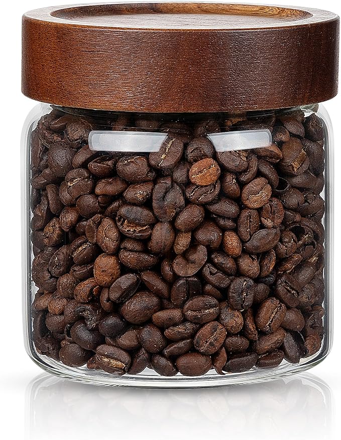 piconesper 1PC Small Glass Storage Jars with Airtight Lids, 18 fl oz (550ml) coffee container with Wooden Lid, Glass Pantry Canister for Beans, Rice, Sugar and etc