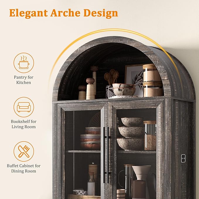 Dystler Arched Kitchen Pantry Cabinet with Glass Doors, Display Curio Case with 3 Color LED Lights for Collectibles, Modern 5-Tier Storage Hutch Cabinet Brown