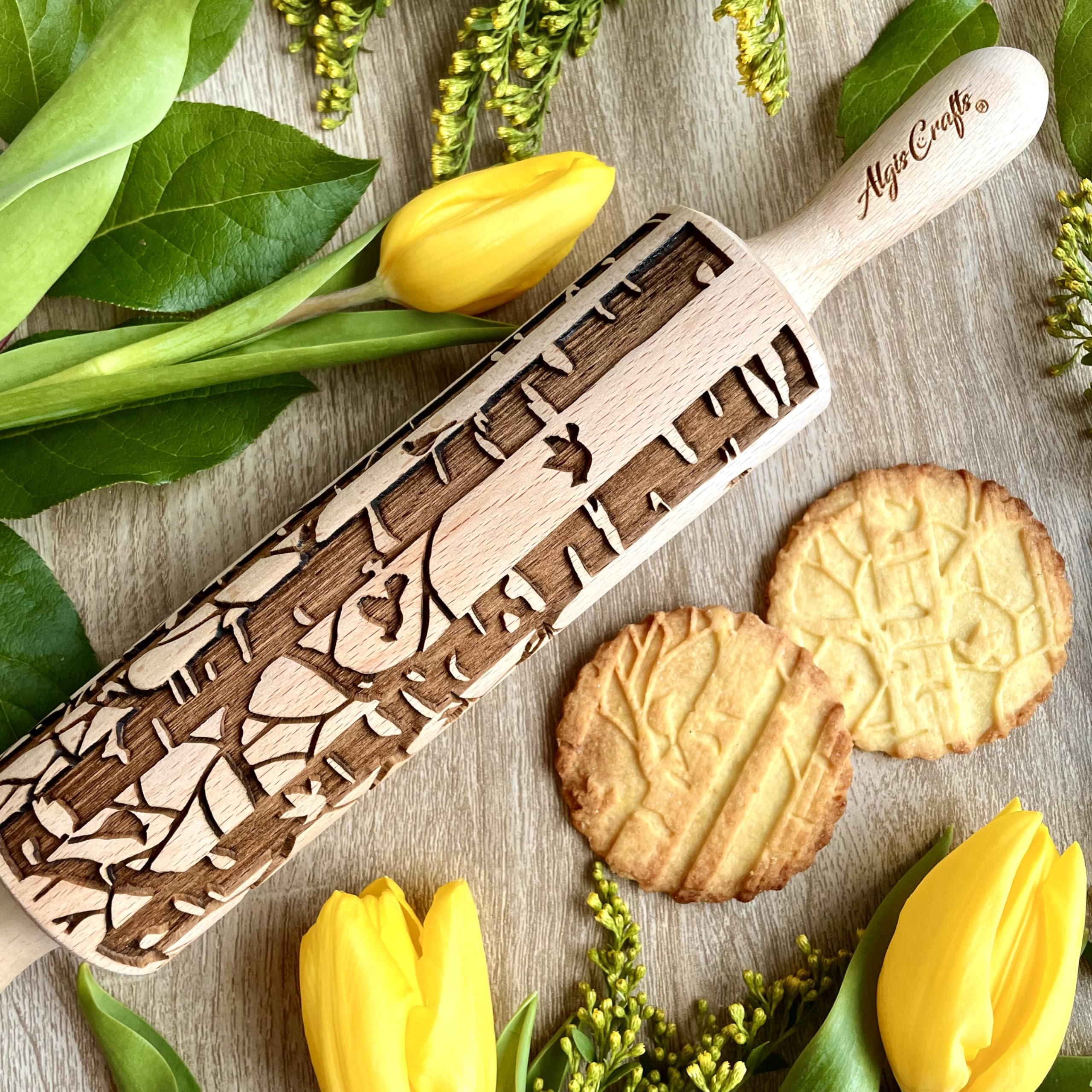 BIRCH embossing rolling pin engraved wooden embossed dough roller for embossed cookies or clay by Algis Crafts