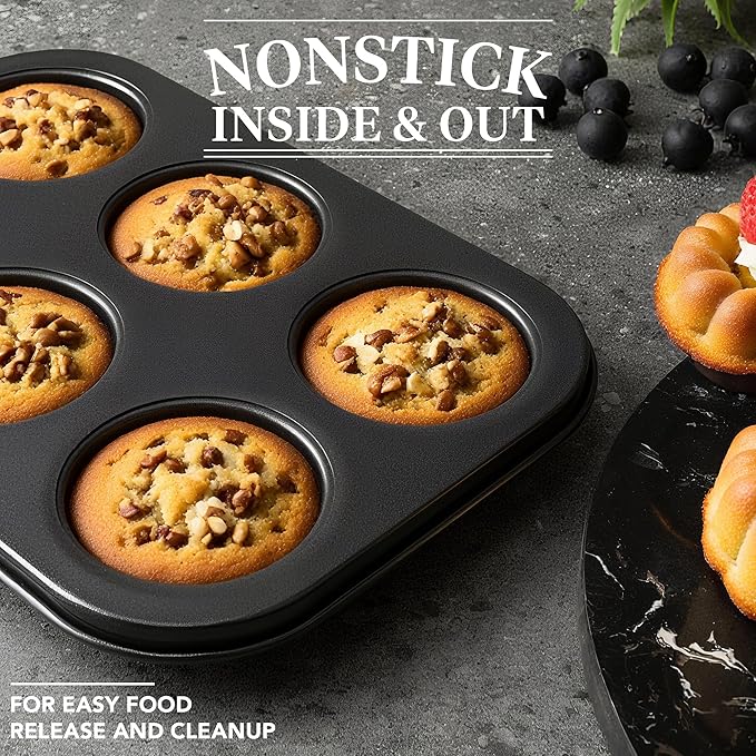 Tiawudi Mini Fluted Tube Cake Pan, 6 Cavity Baking Pan, Non-stick Baking Mold for Cupcakes, Donuts, Cornbread, Brownies, Jellies, Set of 3