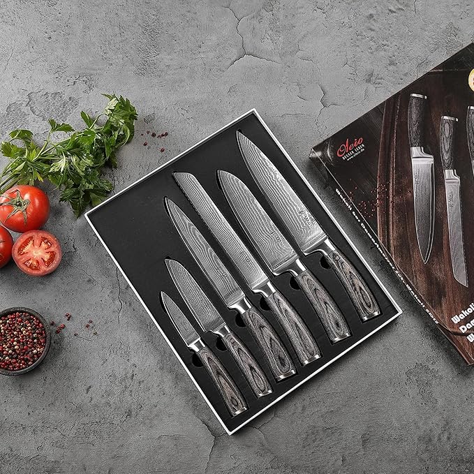 Wakoli EDIS Kitchen Knife Set, 6-Piece VG10 Core Damascus, Pakkawood Handle