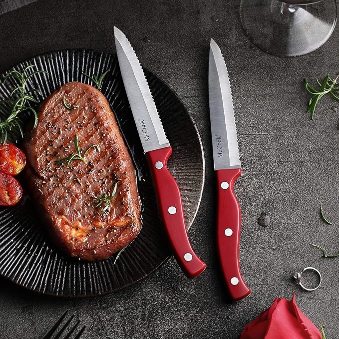 McCook Knife Set Red Kitchen Knife Block Set w Built-in Sharpener