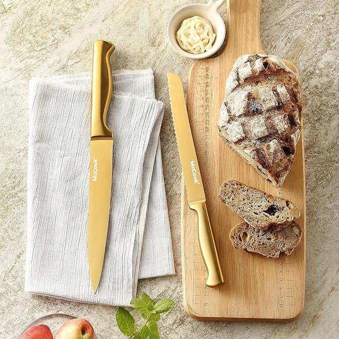 McCook Knife Set Gold Kitchen Knife Block Set w Built-in Sharpener