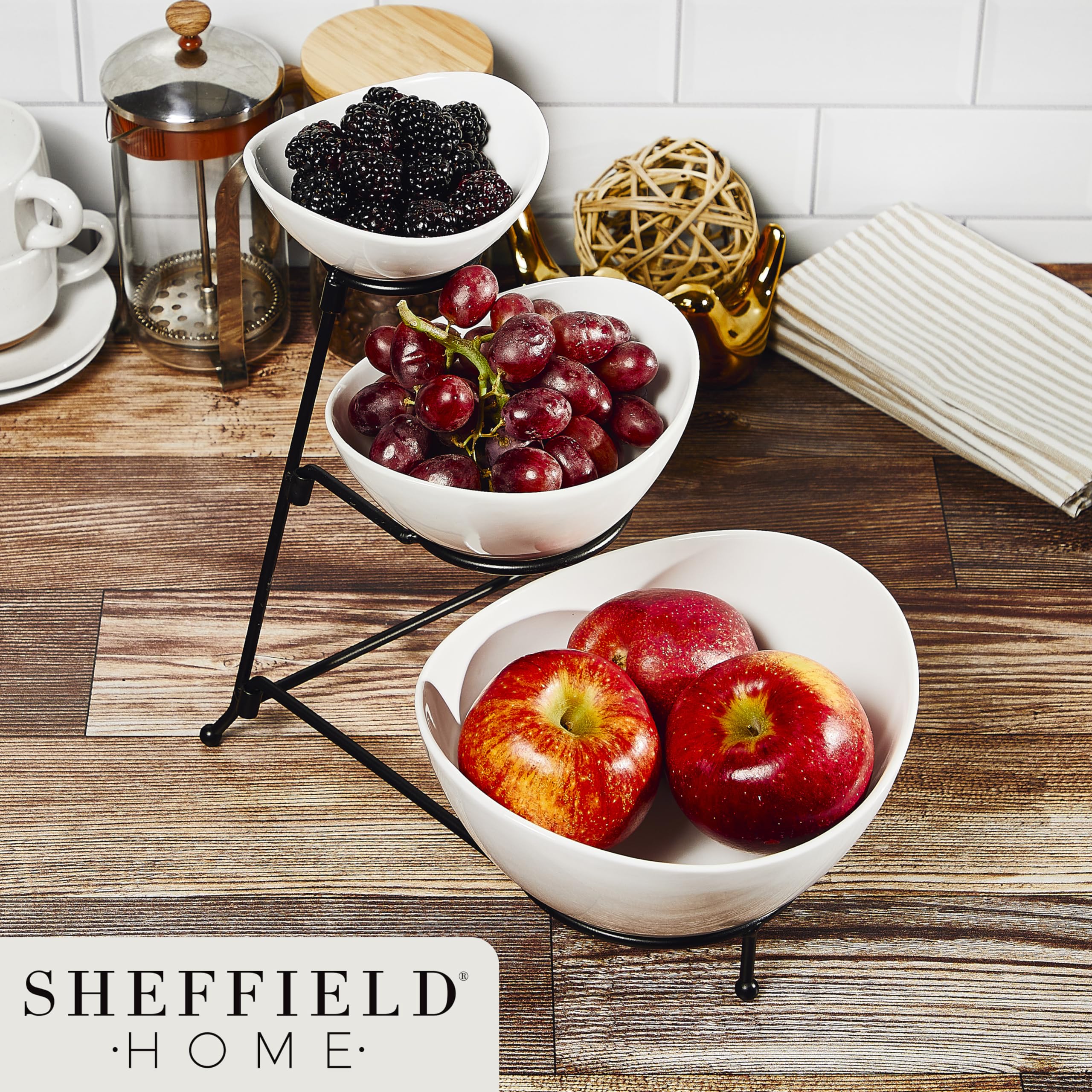 Sheffield Home 3 Tier Stoneware Large Serving Bowls Set with Metal Stand - Microwave & Dishwasher Safe Fruit Bowl & Chip and Dip Servings Set - Serving Dishes for Party, Kitchen & Side Dishes (White)