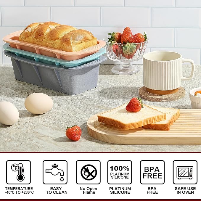 MONGSEW 3PCS Silicone Bread Loaf Pan, Non-Stick Bread Pans for Baking, Easy Release Loaf Pan, Great for Homemade Bread, Cakes, Brownies, Dishwasher Safe (3 Colors, Nesting Design)