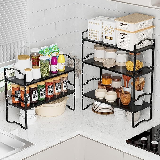 Jojocross Expandable Shelf for Cabinet Organizer Adjustable Stackable Spice Rack at Kitchen and Bathroom More, Counter Countertop Cupboard Organization Pantry Storage(LARGE/1PACK/BLACK)