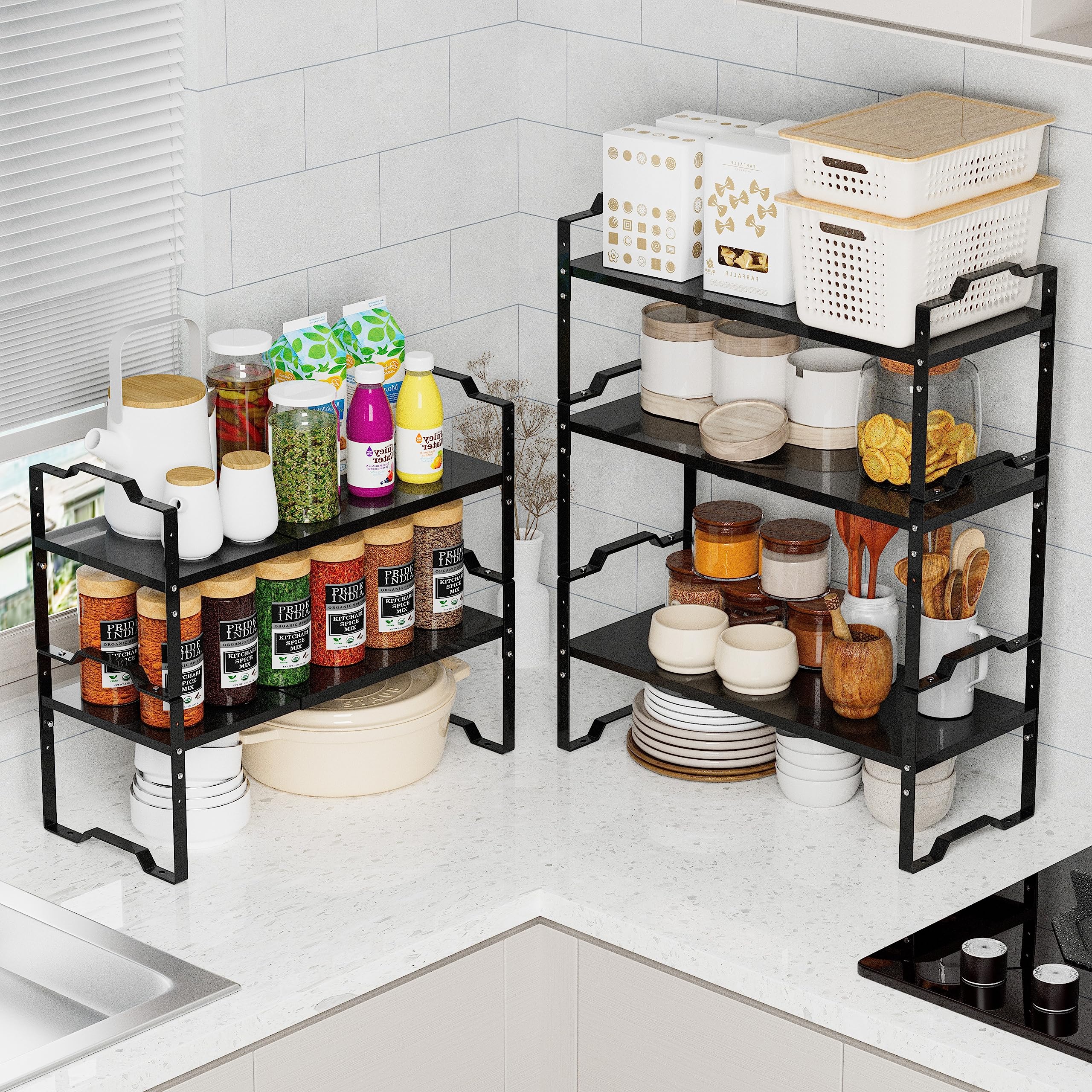 Jojocross Expandable Shelf for Cabinet Organizer Adjustable Stackable Spice Rack at Kitchen and Bathroom more, Counter Countertop Cupboard Organization Pantry Storage(MEDIUM/2PACKS/BLACK)