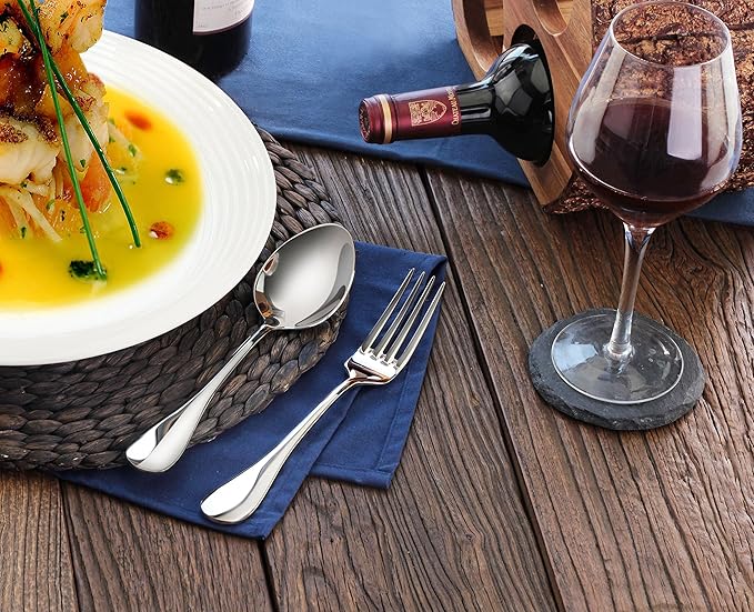 Artaste 56426 Rain 18/10 Stainless Steel Large Serving Spoons and Forks Set, 6 of Each, 12 Pieces, Silver