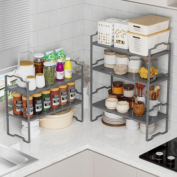 Jojocross Expandable Shelf for Cabinet Organizer Adjustable Stackable Spice Rack at Kitchen and Bathroom More, Counter Countertop Cupboard Organization Pantry Storage(MEDIUM/3PACKS/BLACK)