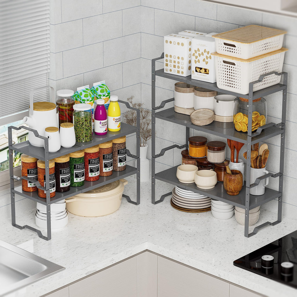 Jojocross Expandable Shelf for Cabinet Organizer Adjustable Stackable Spice Rack at Kitchen and Bathroom More, Counter Countertop Cupboard Organization Pantry Storage(MEDIUM/3PACKS/BLACK)