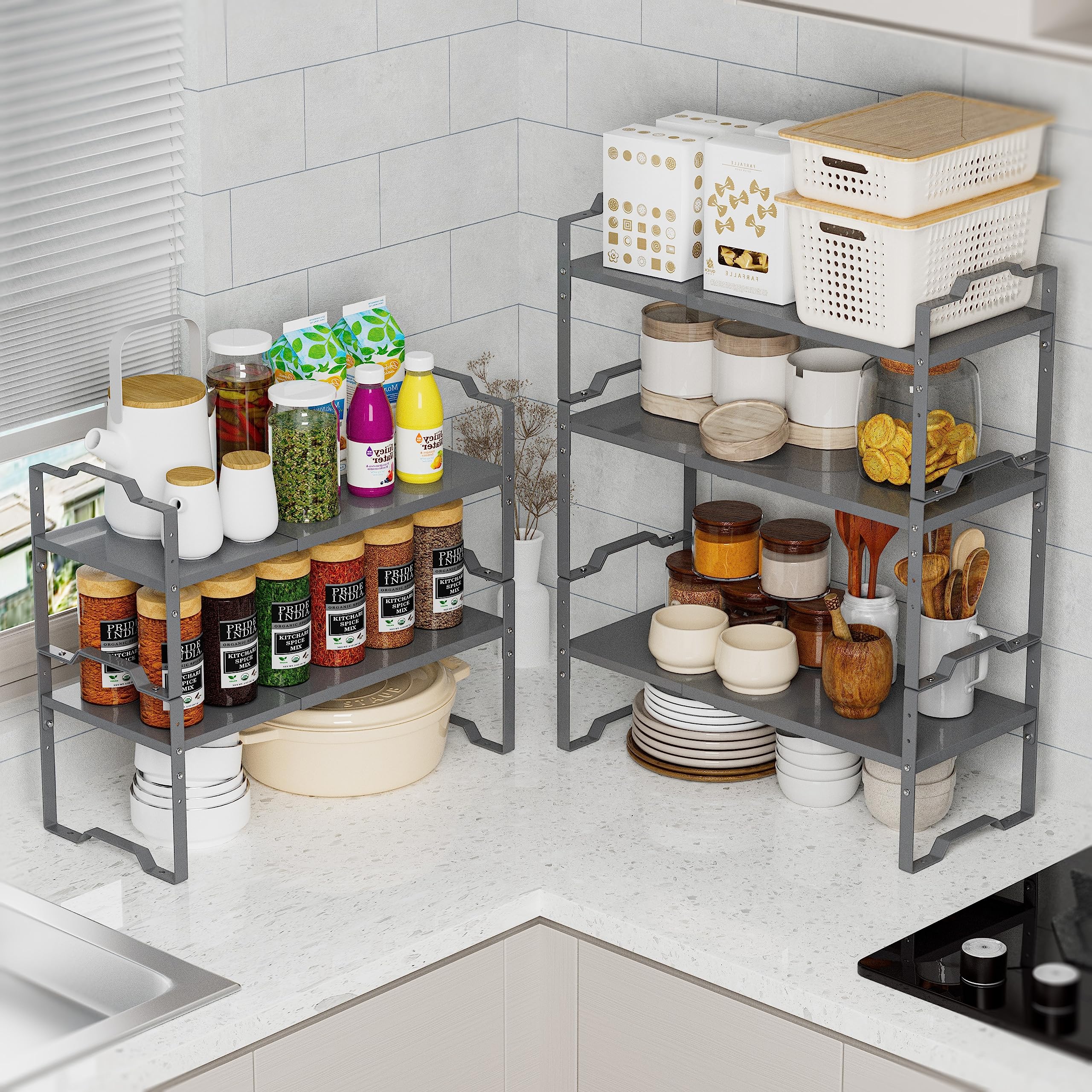 Jojocross Expandable Shelf for Cabinet Organizer Adjustable Stackable Spice Rack at Kitchen and Bathroom More, Counter Countertop Cupboard Organization Pantry Storage(MEDIUM/3PACKS/BLACK)