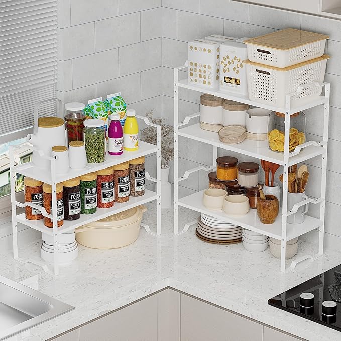 Jojocross Expandable Shelf for Cabinet Organizer Adjustable Stackable Spice Rack at Kitchen and Bathroom More, Counter Countertop Cupboard Organization Pantry Storage(MEDIUM/2PACKS/WHITE)