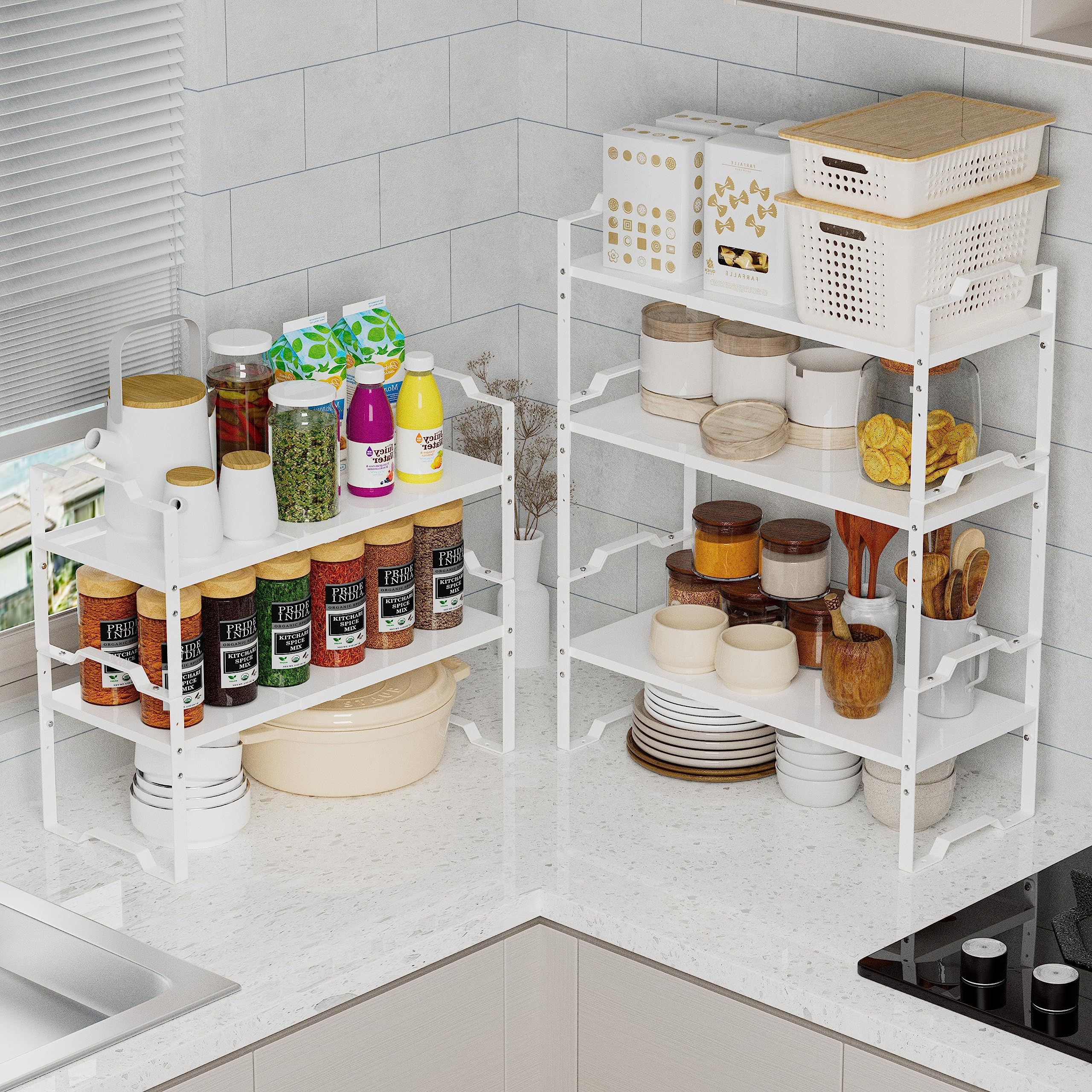 Jojocross Expandable Shelf for Cabinet Organizer Adjustable Stackable Spice Rack at Kitchen and Bathroom More, Counter Countertop Cupboard Organization Pantry Storage(MEDIUM/3PACKS/WHITE)