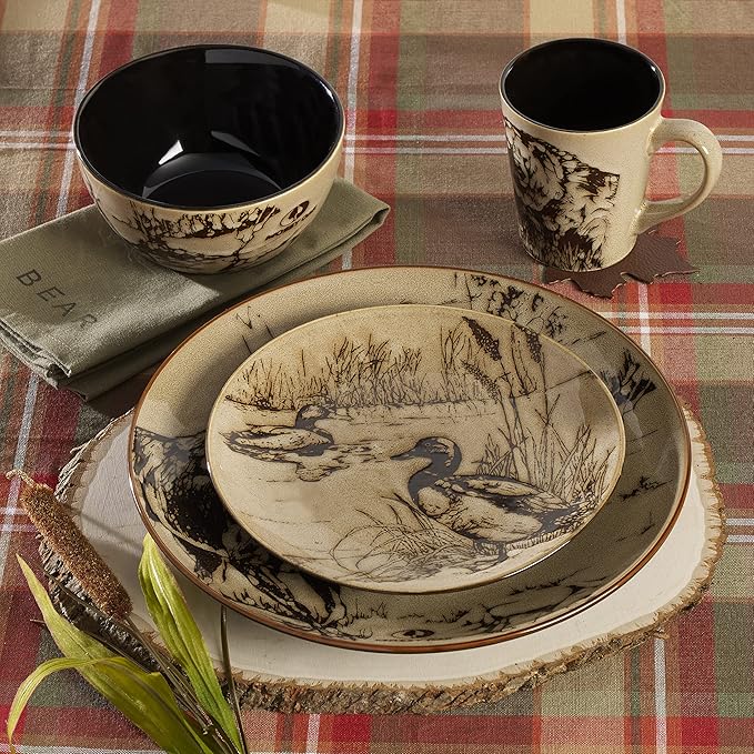 Mossy Oak 16-Piece Stoneware Dinnerware Set, Service for 4 with Dinner Plates, Salad Plates, Bowls and Mugs, Lodge-Style Wildlife Animal Sketch Design, Dishwasher and Microwave Safe
