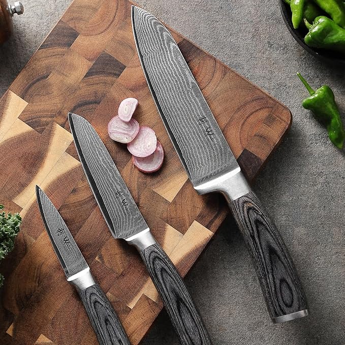 Wakoli EDIS 3-Piece Damascus Knife Set, VG10 Core, Pakkawood Handles