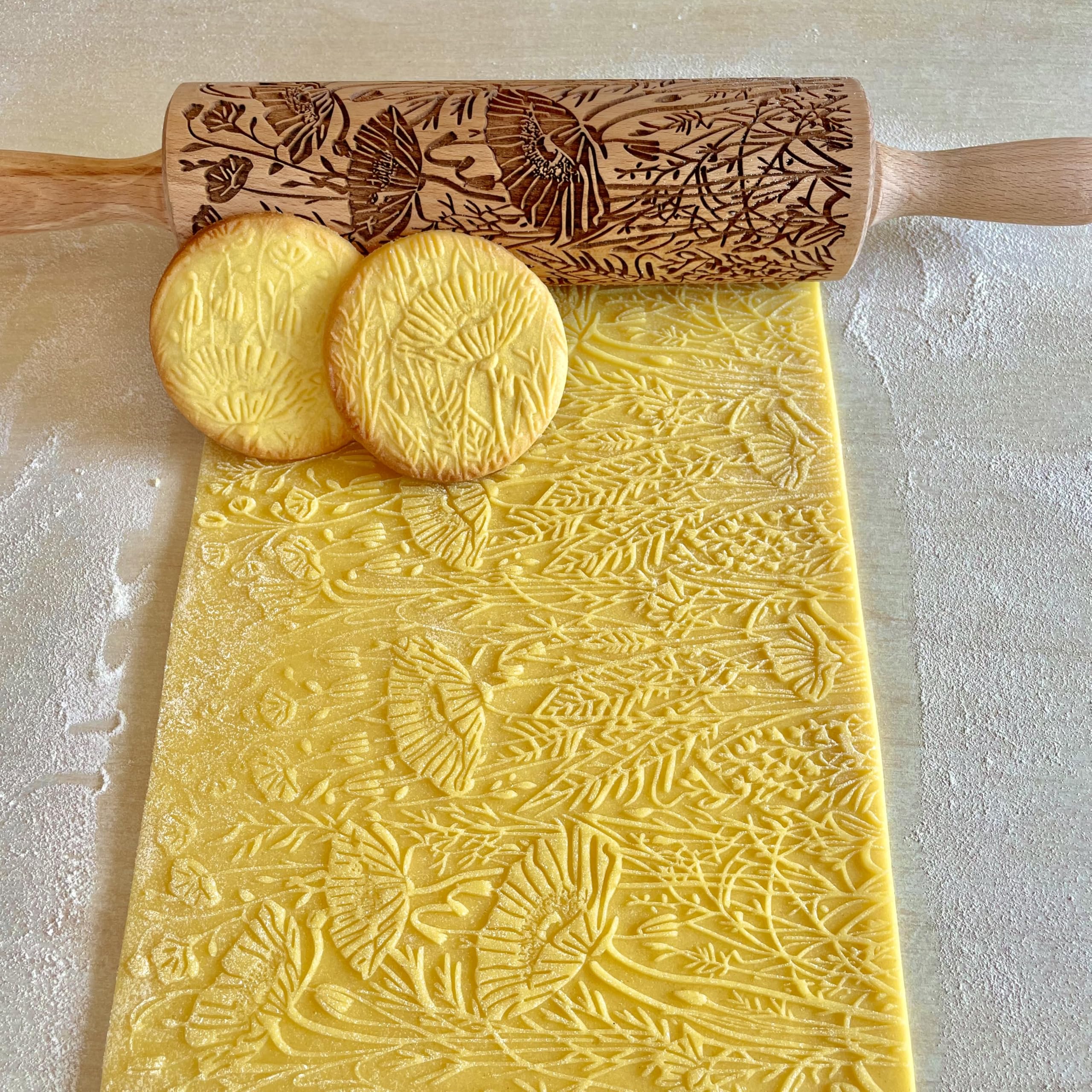 WILD POPPY Embossing Rolling Pin with Flowers Pattern. Dough and Clay Roller for Embossed Cookies and Pottery. Cookie and Ceramic Stamp. Backing Gifts for Women by Algis Crafts