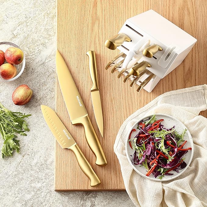 McCook Knife Set Gold Kitchen Knife Block Set w Built-in Sharpener