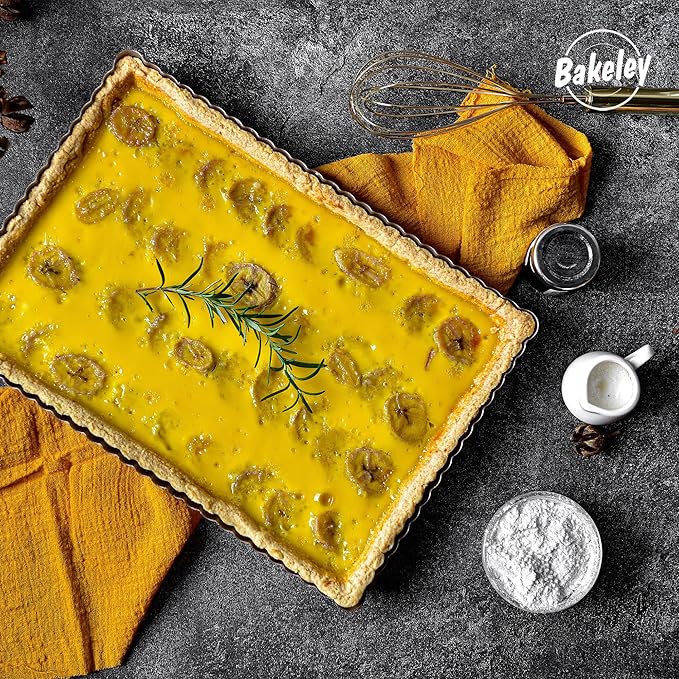 Bakeley Rectangle Tart Pan, 13-Inch with Removable Loose Bottom Non-Stick Oblong Quiche Bakeware for Oven Baking (Champagne Gold)