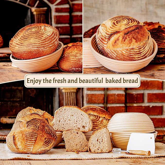 Sourdough Starter Kit for Beginners – 9” Banneton Bread Proofing Basket with 24oz Glass Sourdough Starter Jar & Sourdough Bread Baking Supplies, Easy No-Fail Kit, Gift for Home Bakers