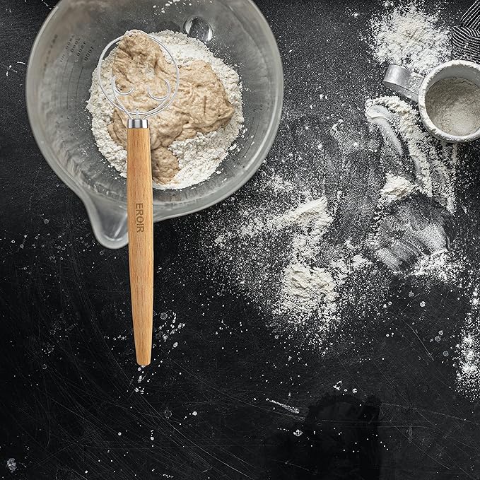 EROIR 13" Danish Dough Whisk Bread Lame Bowl Scraper Set - Dutch Sourdough Whisk Double Eye, Dough Scraper, Bread Scorer with 10 Blades and Leather Cover