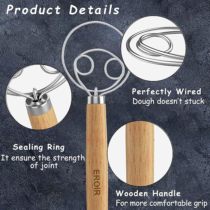 EROIR 13" Danish Dough Whisk Bread Lame Bowl Scraper Set - Dutch Sourdough Whisk Double Eye, Dough Scraper, Bread Scorer with 10 Blades and Leather Cover