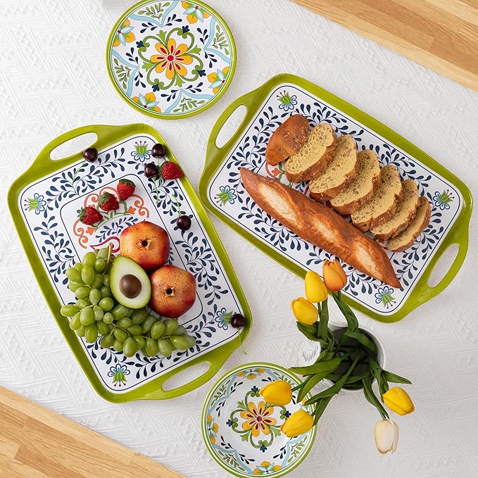 ZAROCRUS Large Serving Platter with Handles,19”x12”Large Rectangular Melamine Serving Tray Set of 2, Kitchen Food and BBQ Serving Platter, Talavera Grilling Prep and Serve Tray, Dishwasher Safe