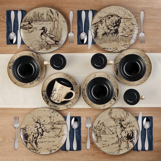 Mossy Oak 16-Piece Stoneware Dinnerware Set, Service for 4 with Dinner Plates, Salad Plates, Bowls and Mugs, Lodge-Style Wildlife Animal Sketch Design, Dishwasher and Microwave Safe
