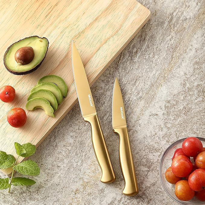 McCook Knife Set Gold Kitchen Knife Block Set w Built-in Sharpener