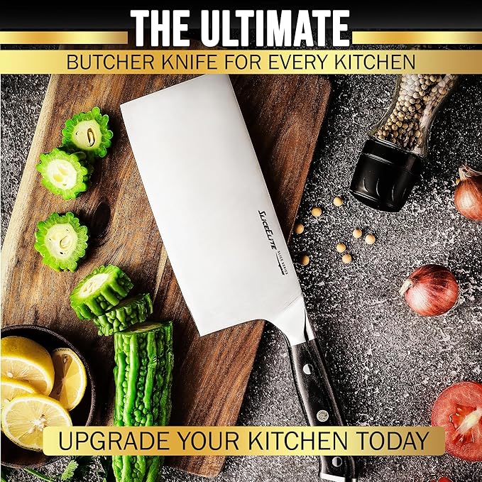 SliceElite Slice Series 7 Inch Cleaver Knife High Carbon German Steel Blade Pakkawood Handle Dual Sheath Sharp Butcher Knife Kitchen Chopper Bone Cutter Meat Slicer Vegetable Knife BBQ Butcher Cleaver